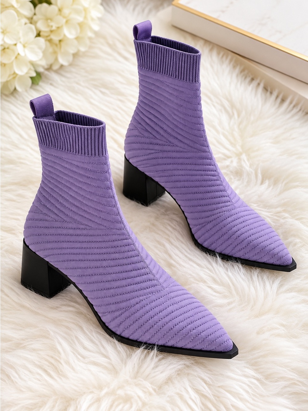 Lavender Ribbed Knit Pointed-Toe Ankle Boots with Block Heel